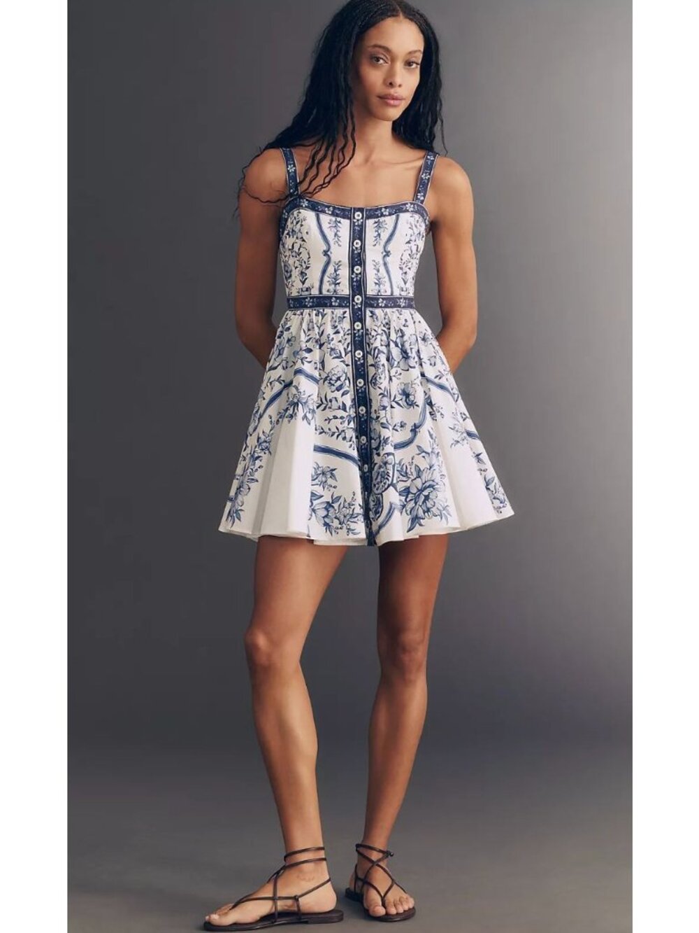 Anthropologie Farm Rio Porcelain Garden Mini Dress Size XS Vacation Blue White